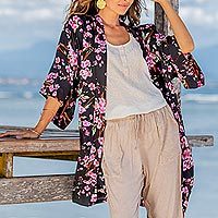 Rayon robe, 'Spring Cherry Blossom' - Floral Rayon Robe in Black and Fuchsia from Indonesia