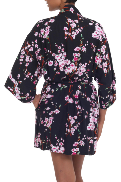 Rayon robe, 'Spring Cherry Blossom' - Floral Rayon Robe in Black and Fuchsia from Indonesia