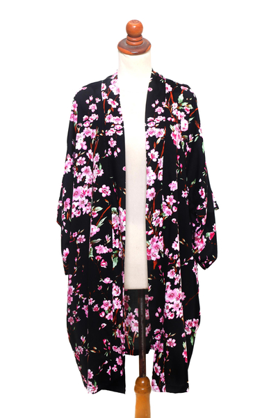 Rayon robe, 'Spring Cherry Blossom' - Floral Rayon Robe in Black and Fuchsia from Indonesia