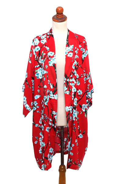 Floral Rayon Robe in Candy Apple and Ivory from Indonesia - Holy ...