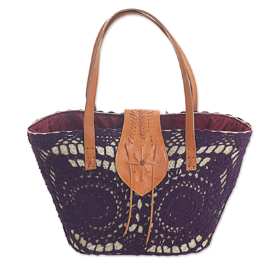 Natural fibers and leather accent shoulder bag, 'Twin Aubergine Mandalas' - Purple Crochet Mandalas on Hand Woven Pandanus Shoulder Bag
