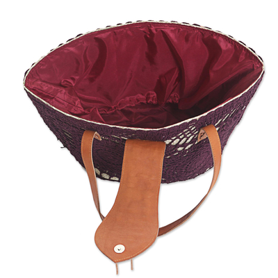 Natural fiber and leather accent shopping bag, 'Twin Boysenberry Mandalas' - Handwoven Pandanus Shoulder Bag with Purple Crochet Mandalas