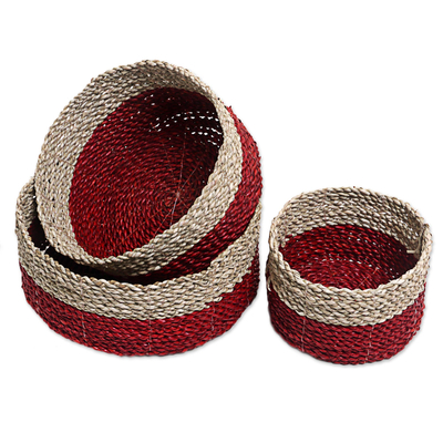 Pandanus leaf nesting baskets, 'Fascinating Trio in Red' (set of 3) - Hand Made Nesting Baskets Brown Red (Set of 3) Indonesia