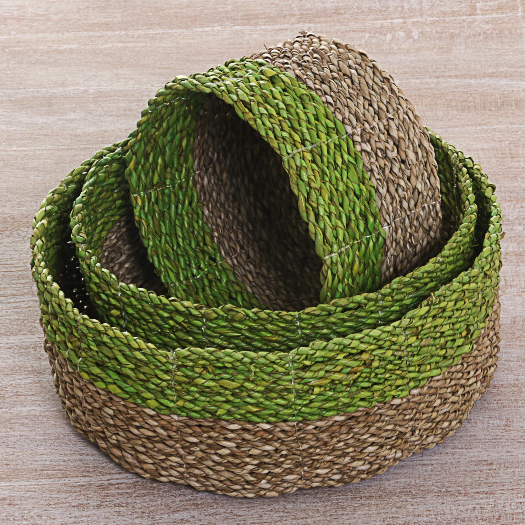 Hand Made Green Pandan Nesting Baskets (Set of 3) Indonesia