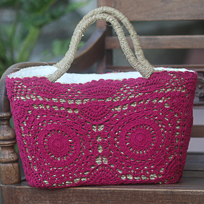 Handmade White Crochet Bag With Fringes And Bamboo Handles