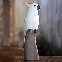 Wood sculpture, 'Single-Crested Cockatoo' - Hand Made Wood Sculpture of a Cockatoo from Indonesia