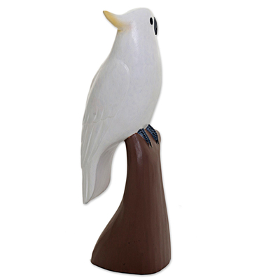 Wood sculpture, 'Single-Crested Cockatoo' - Hand Made Wood Sculpture of a Cockatoo from Indonesia
