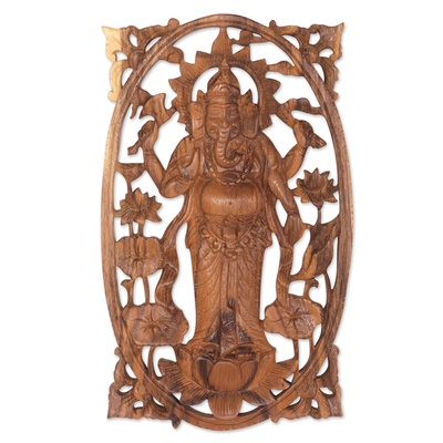 Wood relief panel, 'Ganesha Standing' - Suar Wood Hand Carved Relief Wall Panel of Ganesha