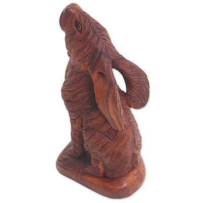 Wood sculpture, 'Begging Hare' - Hand Made Wood Sculpture of a Rabbit from Indonesia