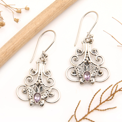 Amethyst dangle earrings, 'Resting Butterfly' - Amethyst Sterling Silver Butterfly Dangle Earrings Indonesia