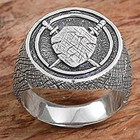 Men's sterling silver signet ring, 'Indra Shield' - Sterling Silver Men's Shield Signet Ring from Indonesia