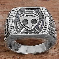 Men's sterling silver signet ring, 'Shield of Indra'