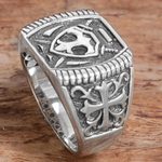 Men's sterling silver signet ring, 'Shield of Indra' - Sterling Silver Shield Men's Signet Ring from Indonesia