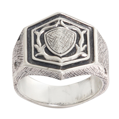 Men's sterling silver signet ring, 'Protector Shield' - Men's Sterling Silver Signet Ring from Indonesia