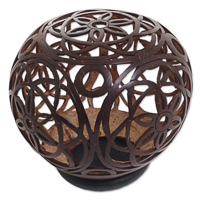Coconut Shell Openwork Floral Sculpture from Indonesia