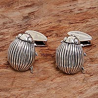 Sterling silver cufflinks, 'Coco Bug' - Beetle Cufflinks Featuring Lively Texture and Appearance