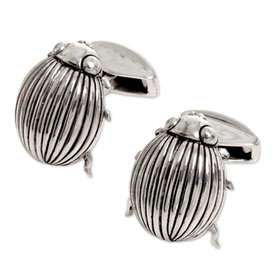 Sterling silver cufflinks, 'Coco Bug' - Beetle Cufflinks Featuring Lively Texture and Appearance