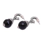 Onyx half-hoop earrings, 'Black Swirls' - Sterling Silver Black Onyx Half-Hoop Earrings from Indonesia