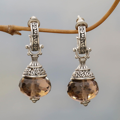 Smoky quartz dangle earrings, 'Smoky Swirls' - Sterling Silver Smoky Quartz Dangle Earrings