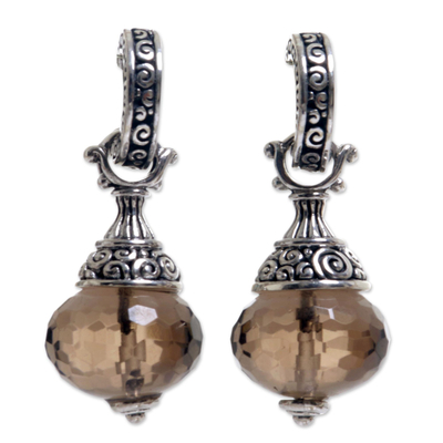 Smoky quartz dangle earrings, 'Smoky Swirls' - Sterling Silver Smoky Quartz Dangle Earrings
