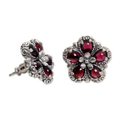 Garnet button earrings, 'Five Red Petals' - Sterling Silver Garnet Button Earrings from Indonesia