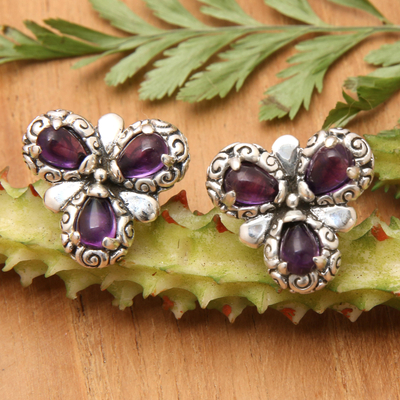 Amethyst button earrings, 'Three Purple Petals' - Sterling Silver Amethyst Button Earrings from Indonesia
