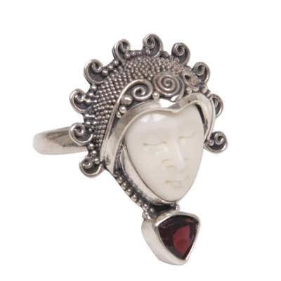 Garnet cocktail ring, 'Saraswati Face in Red' - Garnet Sterling Silver Bone Cocktail Ring from Indonesia