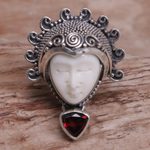 Garnet cocktail ring, 'Saraswati Face in Red' - Garnet Sterling Silver Bone Cocktail Ring from Indonesia