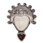 Garnet cocktail ring, 'Saraswati Face in Red' - Garnet Sterling Silver Bone Cocktail Ring from Indonesia