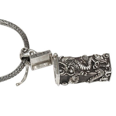 Gebetskette aus Sterlingsilber, 'Secret Dragon' - Gebetsbox-Halskette aus Sterlingsilber mit Drachenmotiv aus Indonesien