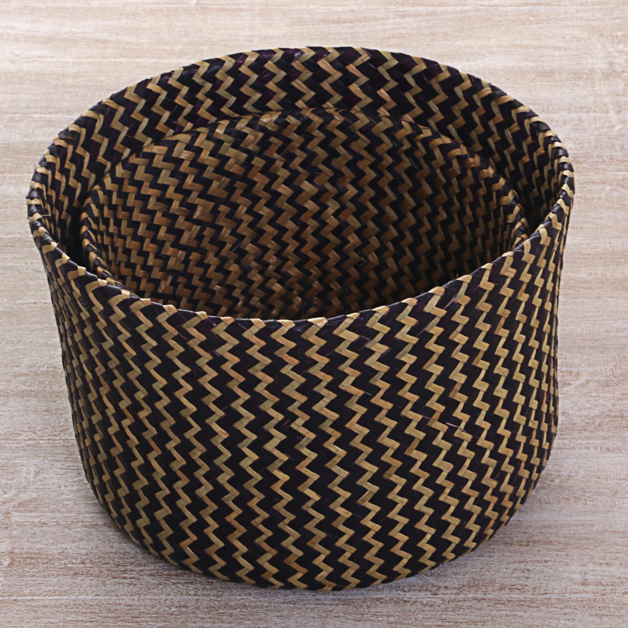 Hand Made Pandan Leaf Nesting Baskets (Pair) Indonesia Zigzag Parade