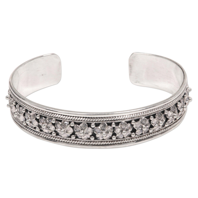 Sterling silver cuff bracelet, 'Frangipani Line' - Hand Made Sterling Silver Floral Cuff Bracelet Indonesia