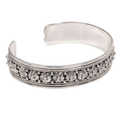 Sterling silver cuff bracelet, 'Frangipani Line' - Hand Made Sterling Silver Floral Cuff Bracelet Indonesia
