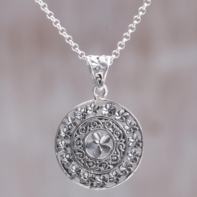 Sterling silver pendant necklace, 'Sacred Petals' - Hand Made Sterling Silver Floral Pendant Necklace Bali
