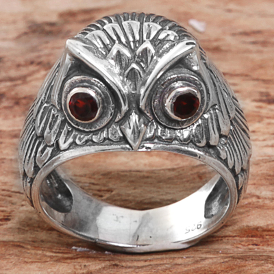 Garnet domed ring, 'Night Watcher in Red' - Sterling Silver Garnet Owl Domed Ring from Indonesia