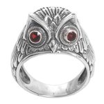 Garnet domed ring, 'Night Watcher in Red' - Sterling Silver Garnet Owl Domed Ring from Indonesia