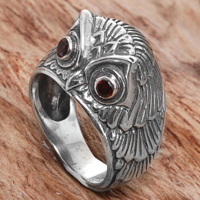 Garnet domed ring, 'Night Watcher in Red' - Sterling Silver Garnet Owl Domed Ring from Indonesia