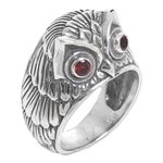 Garnet domed ring, 'Night Watcher in Red' - Sterling Silver Garnet Owl Domed Ring from Indonesia