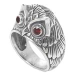 Garnet domed ring, 'Night Watcher in Red' - Sterling Silver Garnet Owl Domed Ring from Indonesia