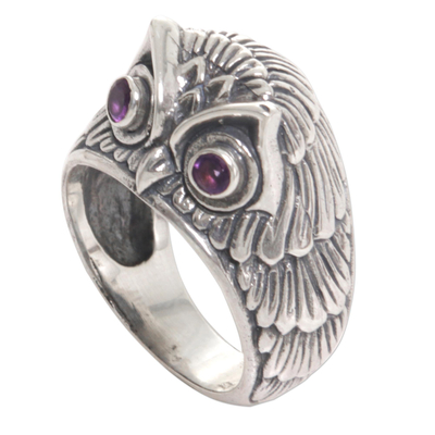 Amethyst domed ring, 'Night Watcher in Purple' - Sterling Silver Amethyst Owl Domed Ring from Indonesia