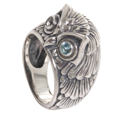 Blue topaz domed ring, 'Night Watcher in Blue' - Sterling Silver Blue Topaz Owl Domed Ring from Indonesia