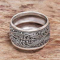 Sterling silver wide band ring, 'Strand of Nature'