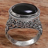 Onyx single stone ring, 'Deep Eye' - Sterling Silver Onyx Single Stone Ring from Indonesia