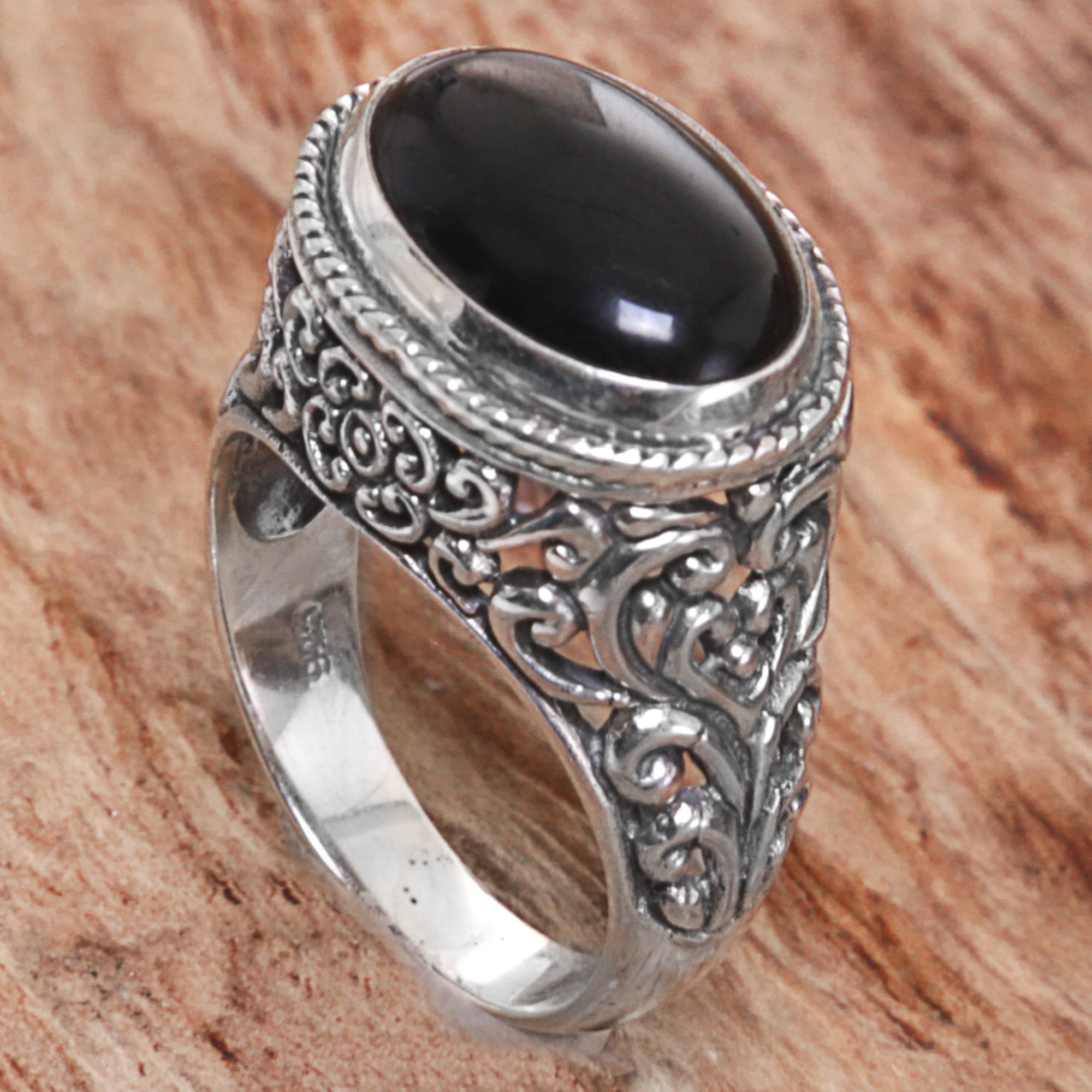 Sterling Silver Onyx Single Stone Ring from Indonesia - Deep Eye | NOVICA