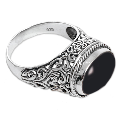 Onyx single stone ring, 'Deep Eye' - Sterling Silver Onyx Single Stone Ring from Indonesia