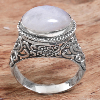 Rainbow moonstone single stone ring, 'Bali Eye' - Rainbow Moonstone Single Stone Ring from Indonesia