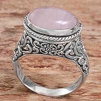 Rose quartz single stone ring, 'Bali Eye in Pink' - Sterling Silver Rose Quartz Single Stone Ring from Indonesia