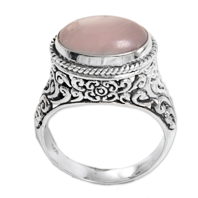 Rose quartz single stone ring, 'Bali Eye in Pink' - Sterling Silver Rose Quartz Single Stone Ring from Indonesia