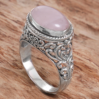 Anillo de cuarzo rosa con una sola piedra. - Anillo de plata esterlina con una sola piedra de cuarzo rosa de Indonesia