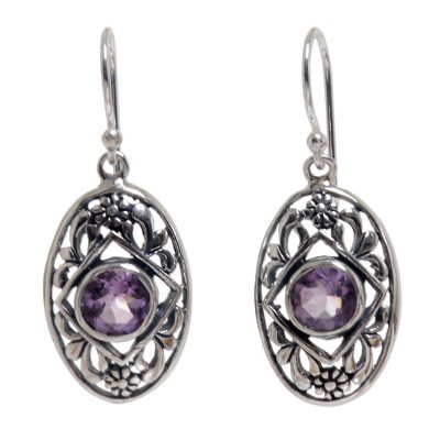 Amethyst dangle earrings, 'Sunset Eye' - Flower Amethyst Sterling Silver Dangle Earrings Indonesia
